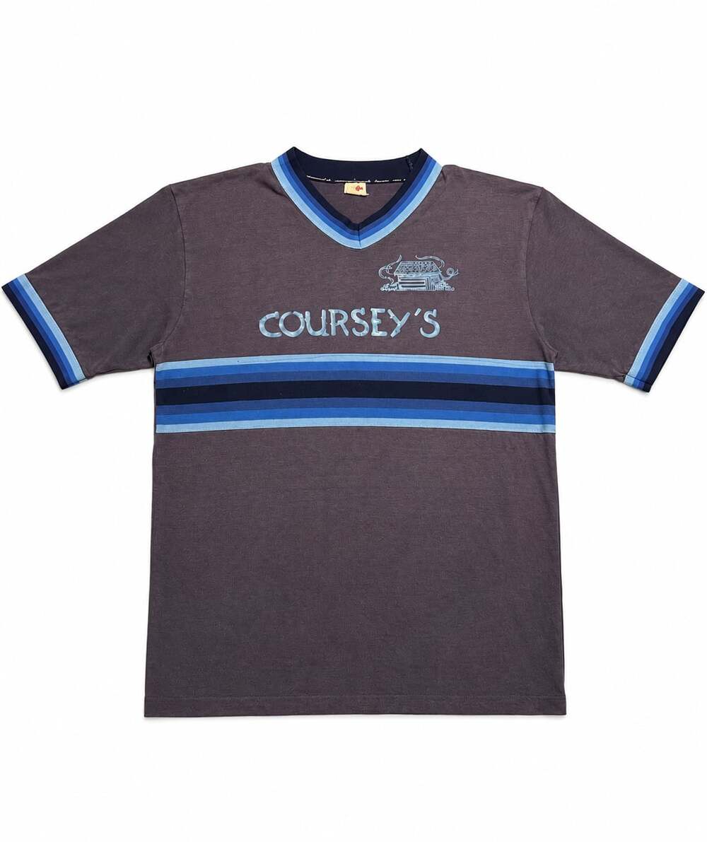 Vintage 1980’s “Mason” V-Neck Coursey's Graphic Stripe T-Shirt Number 14